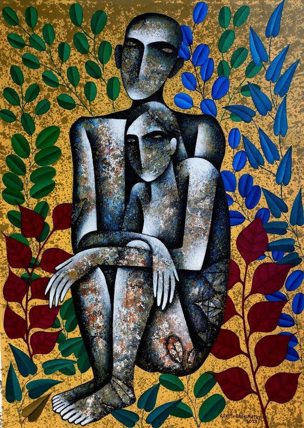 Figurative acrylic painting titled 'In Natures Cradle', 40x30 inches, by artist Ranjith Raghupathy on Canvas