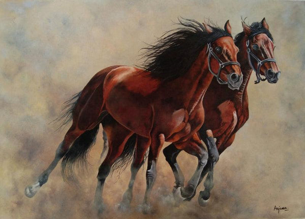 Animals oil painting titled 'In Sync', 23x16 inches, by artist Anjana Sihag on Canvas