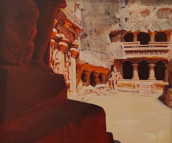 Religious acrylic painting titled 'In The Light And Shade Of Kailas Temple', 30x36 inches, by artist Sheetal Bawkar on Canvas