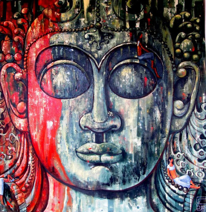 Surrealist acrylic painting titled 'In The Shelter Of Faith Ii', 60x60 inches, by artist Suruchi Jamkar on Canvas