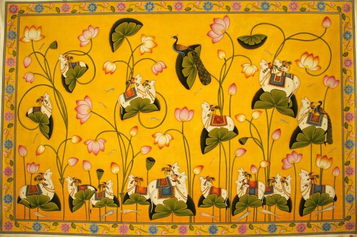 Animals pichwai traditional art titled 'Incarnations Of Cows Pichwai Painting', 36x54 inches, by artist Yugdeepak Soni on Cloth