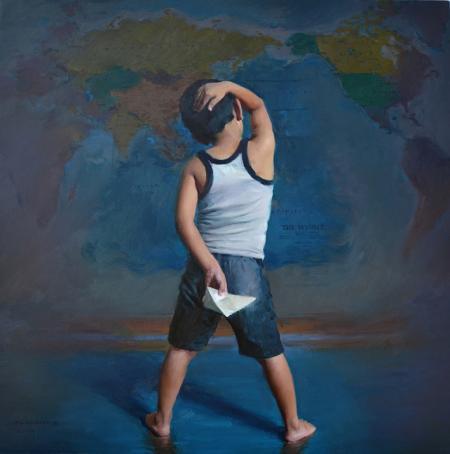 Figurative oil painting titled 'Inception Beyond Direction', 48x48 inches, by artist Pramod Kurlekar on Canvas