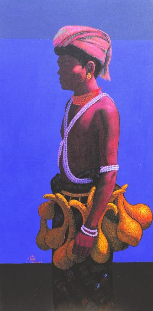 Figurative acrylic painting titled 'Incredible Tribal Beauty 7', 48x24 inches, by artist Sunil Paraji Tambe on Canvas