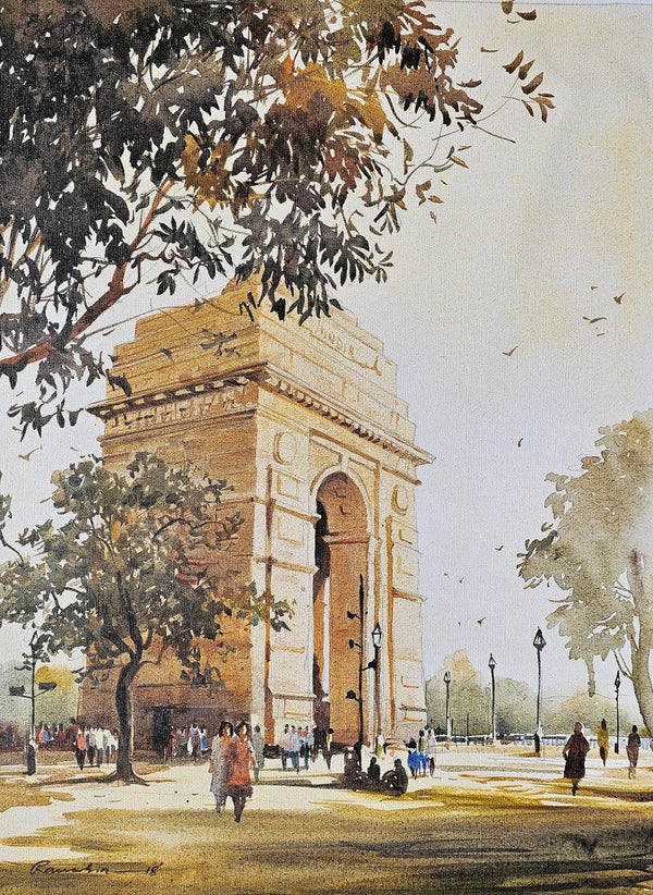 Cityscape acrylic painting titled 'India Gate Delhi', 24x18 inches, by artist Ranabir Saha on Canvas