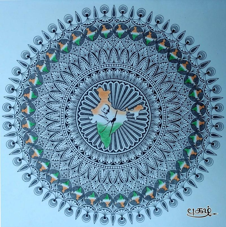 Figurative pen ink drawing titled 'India Mandala', 17x12 inches, by artist V Pugalenthi on Paper