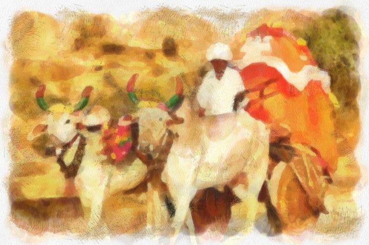 Lifestyle Digital Painting digital art titled 'India Nimaj Cattle cart', 11x17 inches, by artist Pushpendu Dutta on canvas