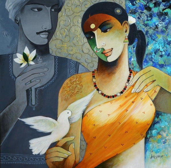 Figurative acrylic painting titled 'Indian Couple', 24x24 inches, by artist Agacharya A on Canvas