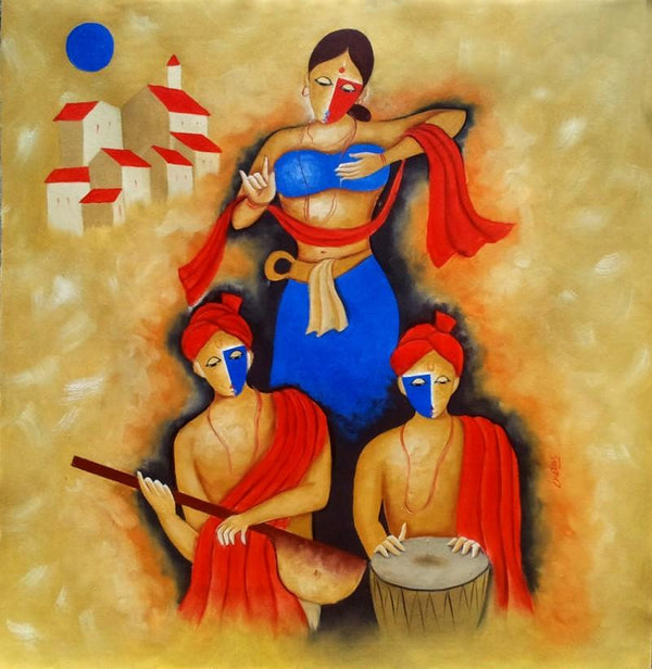 Figurative oil painting titled 'Indian Culture', 30x30 inches, by artist Chetan Katigar on Canvas