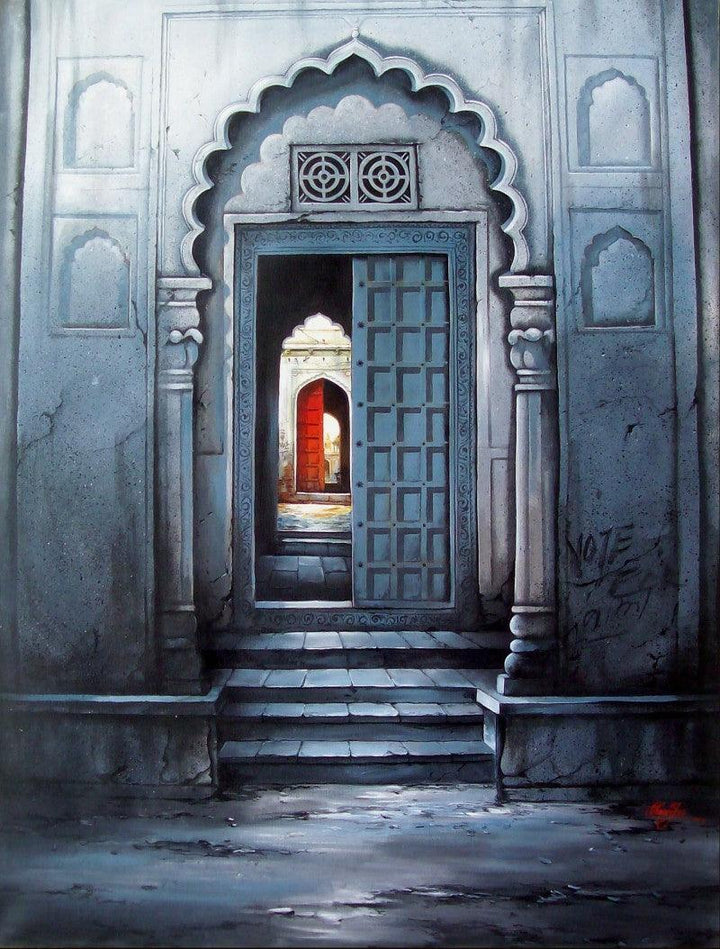 Cityscape mixed media painting titled 'Indian Door', 44x57 inches, by artist Ram Onkar on Canvas