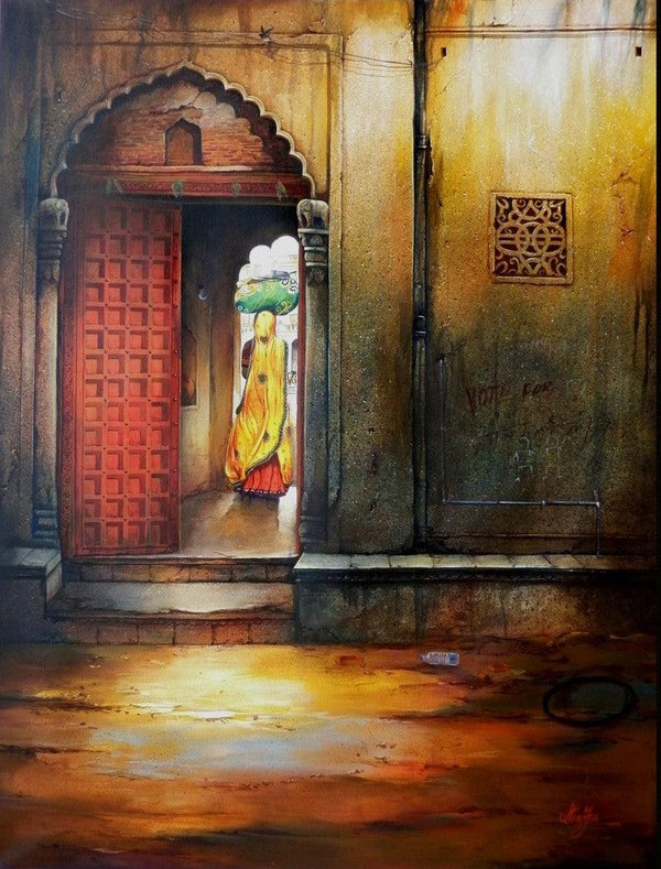 Figurative mixed media painting titled 'Indian Door II', 44x57 inches, by artist Ram Onkar on Canvas