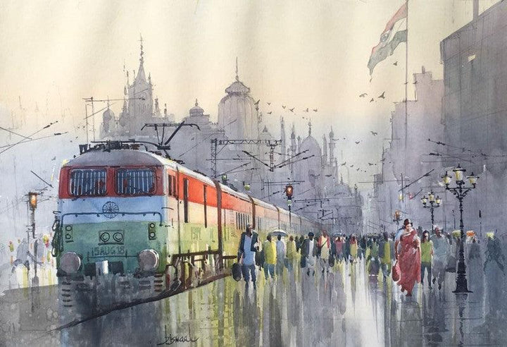 Cityscape watercolor painting titled 'Indian Express', 22x30 inches, by artist Bijay Biswaal on Paper