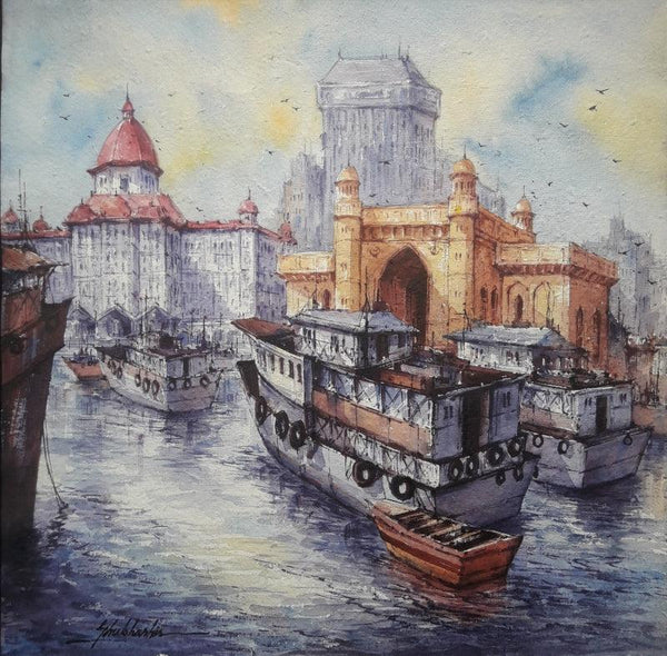 Cityscape watercolor painting titled 'Indian gateway in mumbai', 15x15 inches, by artist SHUBHASHIS MANDAL on Handmade paper