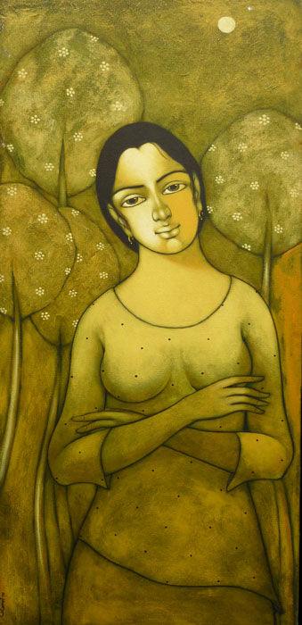 Figurative acrylic painting titled 'Indian Girl', 40x18 inches, by artist Manoj Aher on Canvas