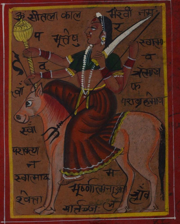 Religious miniature traditional art titled 'Indian Goddess On Horse', 7x5 inches, by artist Unknown on Paper