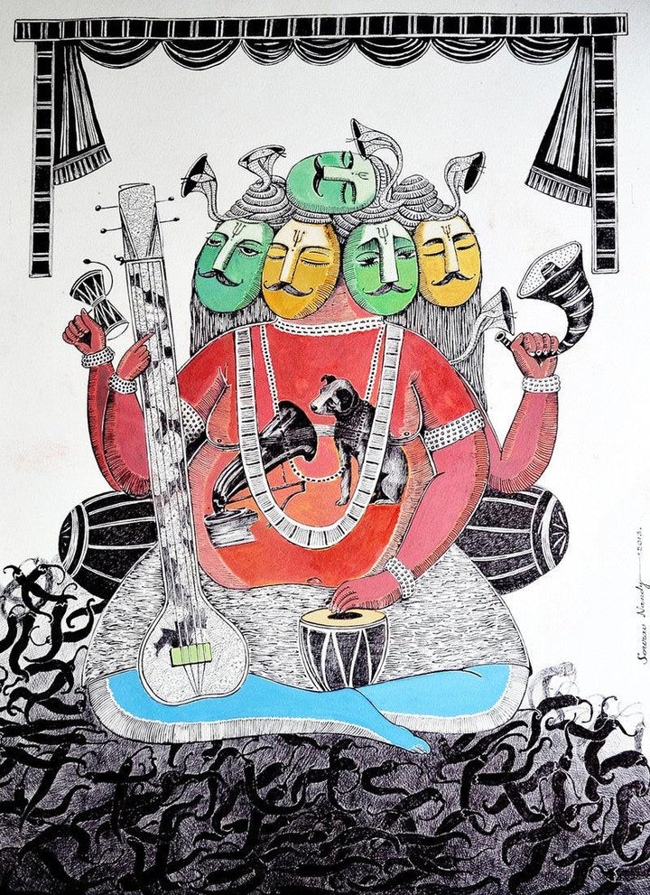 Religious pen ink drawing titled 'Indian Idol', 30x22 inches, by artist Sourav Nandy on Paper