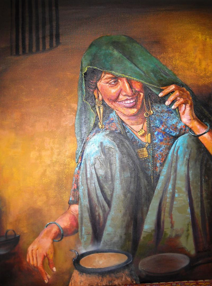 Figurative mixed media painting titled 'Indian Lady I', 40x28 inches, by artist Milind Varangaonkar on Canvas