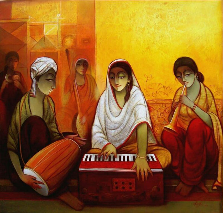 Figurative acrylic painting titled 'Indian Musicians', 40x40 inches, by artist Ram Onkar on Canvas