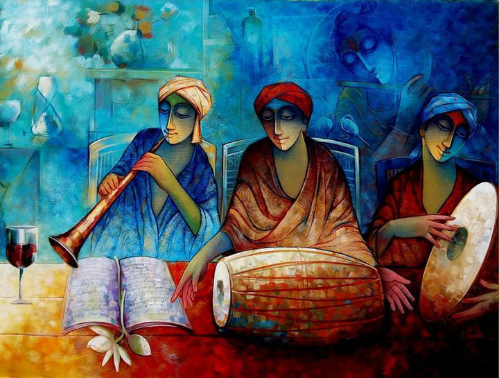 Figurative acrylic painting titled 'Indian Musicians III', 36x48 inches, by artist Ram Onkar on Canvas