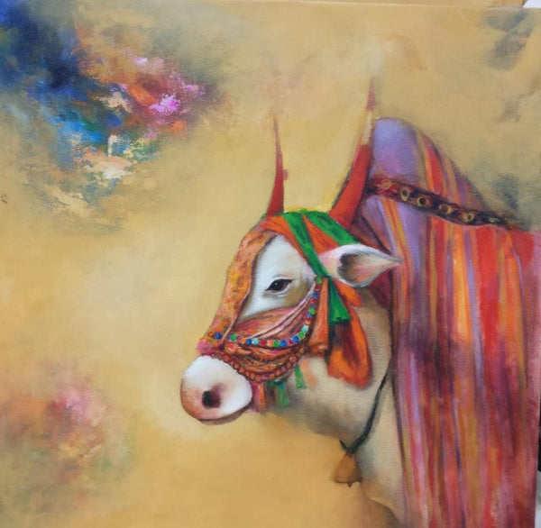 Animals acrylic painting titled 'Indian OX', 24x24 inches, by artist Swastik Jawalekar on Canvas