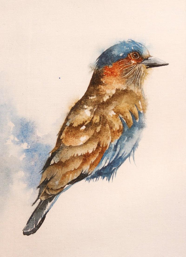 Animals watercolor painting titled 'Indian Roller', 9x7 inches, by artist Anjana Sihag on Khadi Cotton Fabric