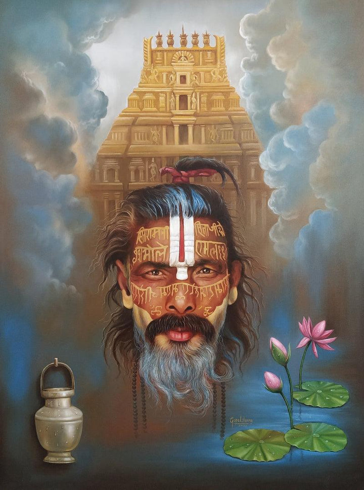 Religious oil painting titled 'Indian Sadhu 2', 48x36 inches, by artist Gopal Sharma on Canvas