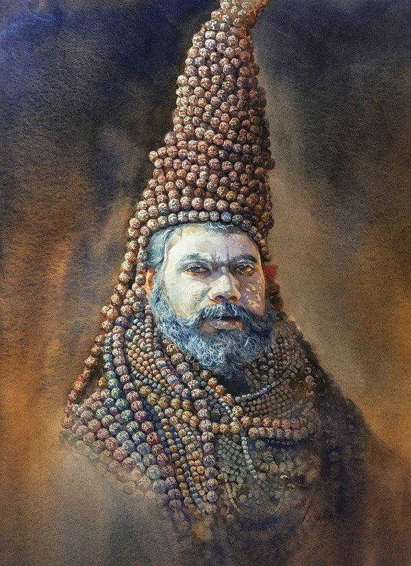 Religious watercolor painting titled 'Indian Sadhu', 26x19 inches, by artist Nishikant Palande on Paper