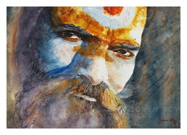 Portrait watercolor painting titled 'Indian Sage', 20x14 inches, by artist Soven Roy on Paper