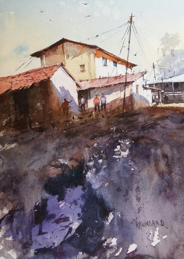 Cityscape watercolor painting titled 'Indian Village', 16x12 inches, by artist Ravindra Mahale on Paper