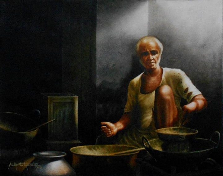 Figurative watercolor painting titled 'Indian Village Chef', 18x23 inches, by artist Sudipta Karmakar on Paper