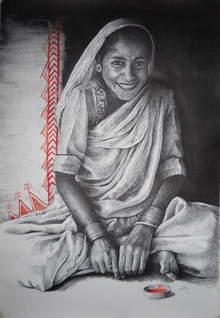 Figurative mixed media painting titled 'Indian Woman', 28x40 inches, by artist Milind Varangaonkar on Paper