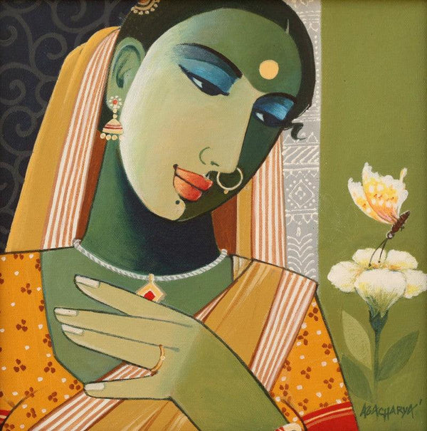 Figurative acrylic painting titled 'Indian Woman I', 12x12 inches, by artist Agacharya A on Canvas