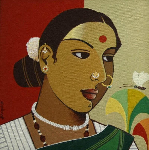 Figurative acrylic painting titled 'Indian Woman II', 12x12 inches, by artist Agacharya A on Canvas