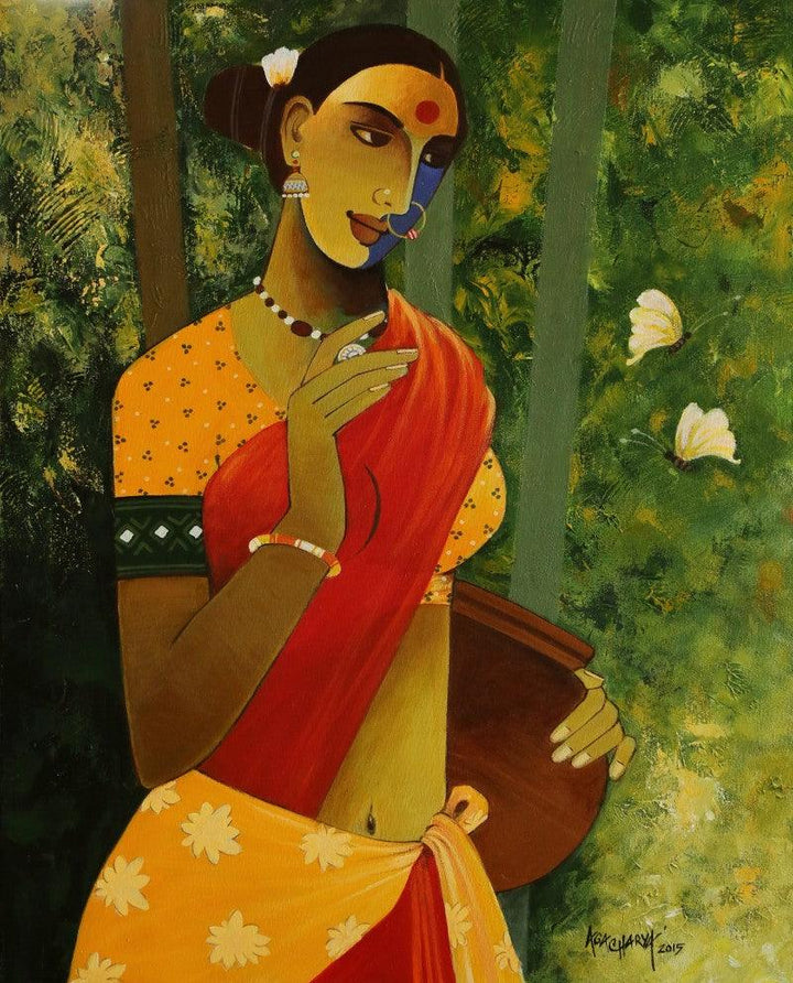 Figurative acrylic painting titled 'Indian Woman III', 24x30 inches, by artist Agacharya A on Canvas