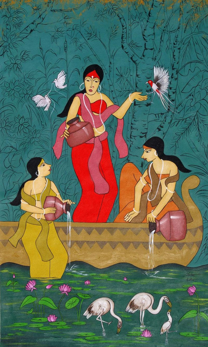 Expressionist acrylic painting titled 'Indian Women', 59x29 inches, by artist Chetan Katigar on Canvas