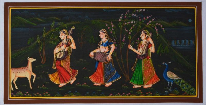 Figurative miniature traditional art titled 'Indian Women Playing Music In Lawn', 7x13 inches, by artist Unknown on Silk