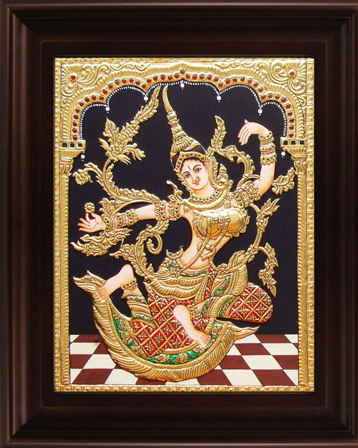 Religious tanjore traditional art titled 'Indonesian Sita Red Tanjore Painting', 24x18 inches, by artist Myangadi Tanjore on Plywood