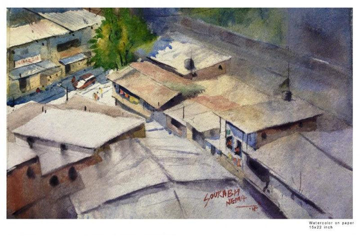 Landscape watercolor painting titled 'Indoor outdoor', 15x22 inches, by artist Sourabh Nema on Handmade Paper