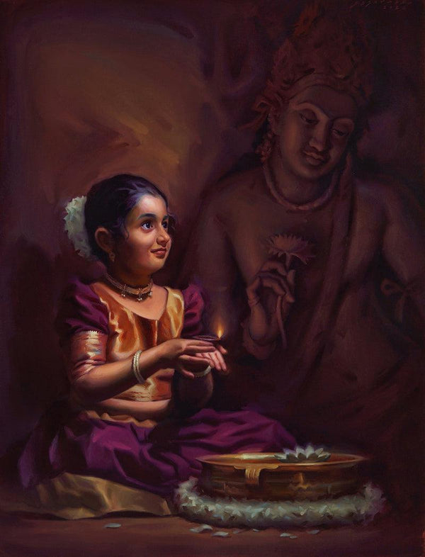 Religious oil painting titled 'Innocent Devotion', 44x34 inches, by artist Siddharth Gavade on Linen