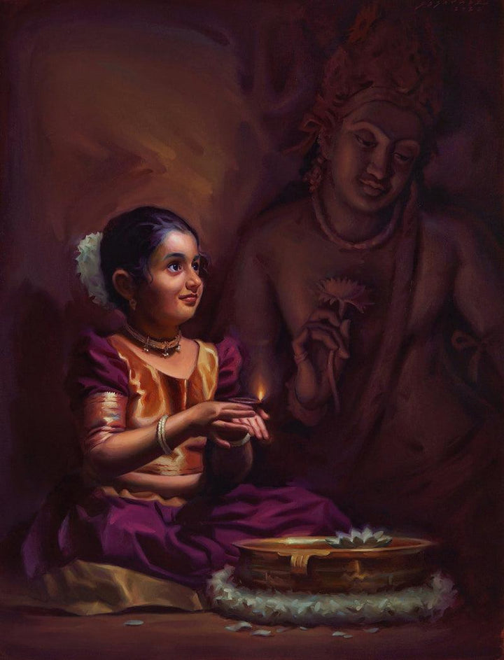 Religious oil painting titled 'Innocent Devotion', 44x34 inches, by artist Siddharth Gavade on Linen