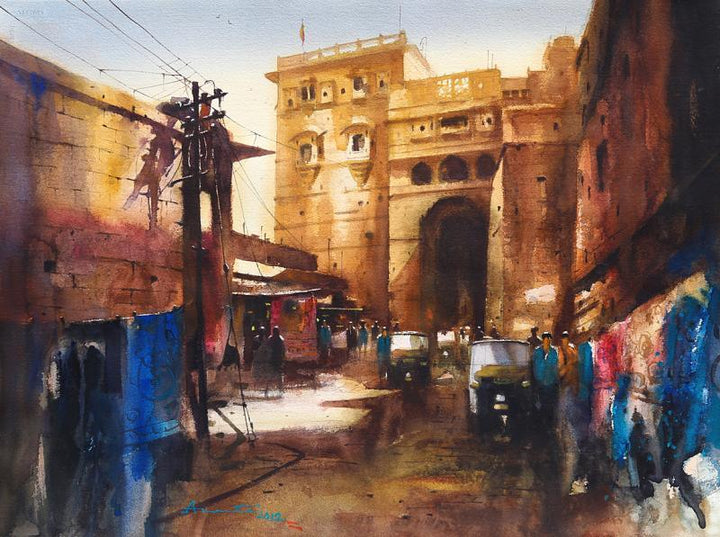 Cityscape watercolor painting titled 'Inside The Sonar Kella', 22x30 inches, by artist Ananta Mandal on Paper