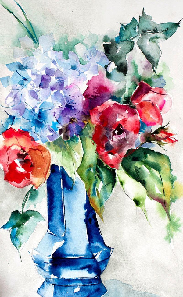 Still-life watercolor painting titled 'Insolence en vase clos', 12x20 inches, by artist Veronique Piaser-moyen on Paper