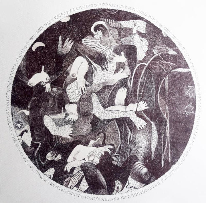 contemporary pen ink drawing titled 'Instinct 2', 20x20 inches, by artist Sourav Nandy on Paper