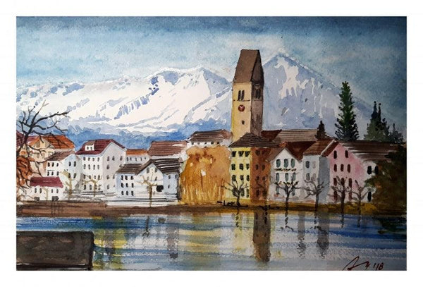 Cityscape watercolor painting titled 'Interlaken Switzerland', 7x11 inches, by artist Arunava Ray on Paper