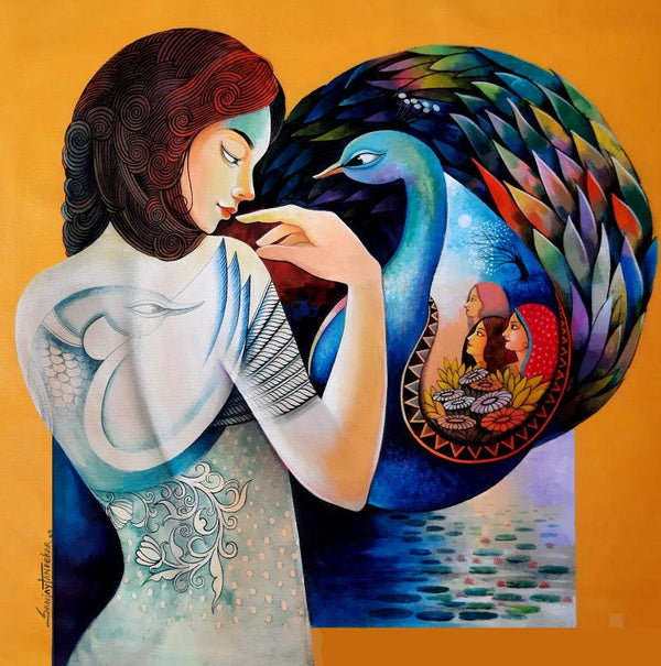 Figurative acrylic painting titled 'Intimacy 3', 36x36 inches, by artist Sanjay Tandekar on Canvas