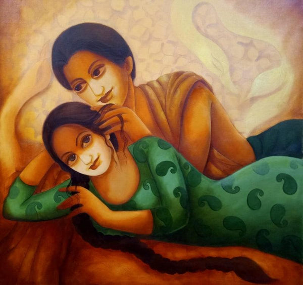 Figurative acrylic painting titled 'Intimate Love 2', 30x30 inches, by artist Monalisa Sarkar on Canvas