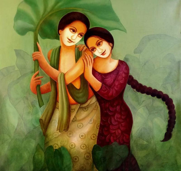 Figurative acrylic painting titled 'Intimate Love 3', 30x30 inches, by artist Monalisa Sarkar on Canvas