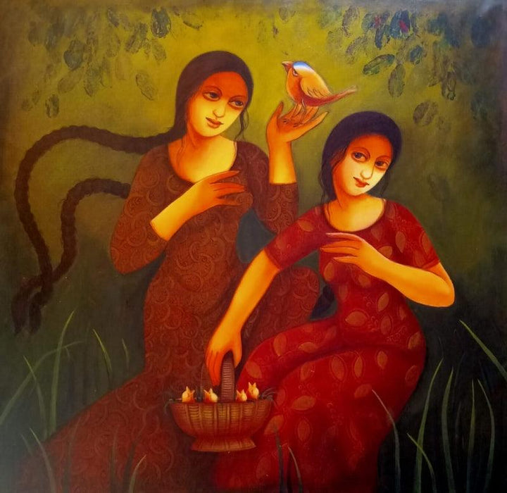 Figurative acrylic painting titled 'Intimate Love', 30x30 inches, by artist Monalisa Sarkar on Canvas