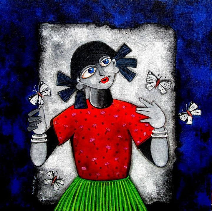 Figurative acrylic painting titled 'Into the light', 30x30 inches, by artist Sharmi Dey on Canvas