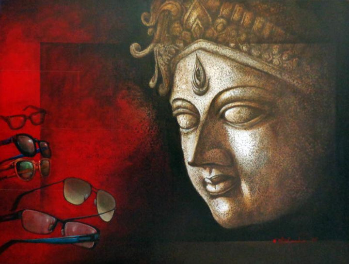 Religious acrylic painting titled 'Intuition Of Inner Eye', 48x36 inches, by artist Palash Halder on Canvas