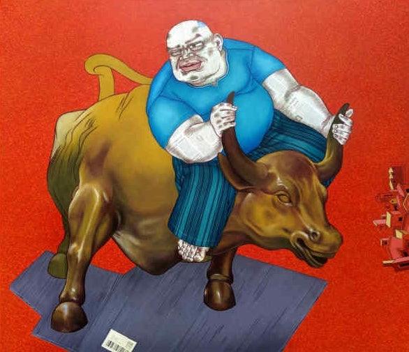 Figurative acrylic painting titled 'Investor', 48x54 inches, by artist Mrinal Dey on Canvas